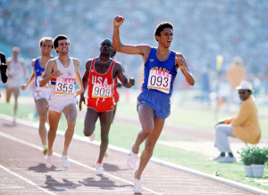 1984 Olympic Games. Los Angeles. Men's 800 Metres Final. Brazil's Joaquim Cruz crosses the line to win the gold medal followed by Great Britain's Sebastian Coe for silver.