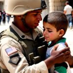 Soldado em uniforme de guerra segurando criança no colo com sensibilidade.
